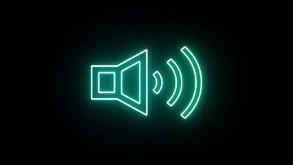 Glowing neon blue sound icon audio music speaker on black background. Volume with sound wave sign. Sound on icon speaker.