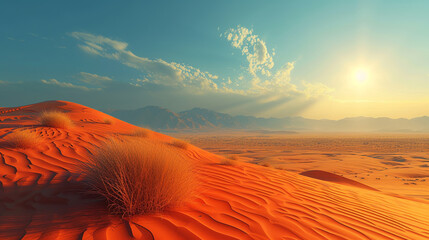 Sunset in hot desert with dunes, surreal desert