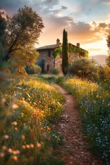 Obraz premium A secluded house surrounded by flowers and wild grass, in the evening with the setting sun
