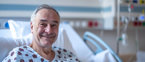 Senior man smiling in hospital bed, health recovery optimism. - obrazy, fototapety, plakaty