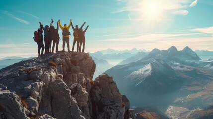 Friends celebrating on mountain peak, adventure and success.