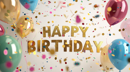 text "HAPPY BIRTHDAY" written in golden numbers with balloons and confetti on white background