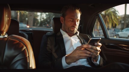 Businessman engrossed in smartphone while sitting in luxury car at sunset.