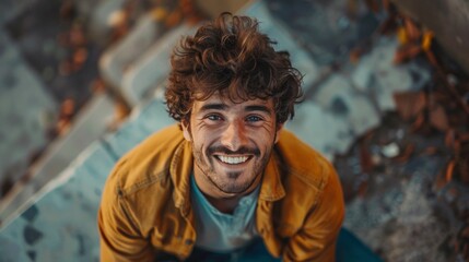 Happy young man with curly hair smiling in an urban setting.