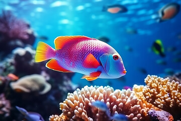 Fototapeta na wymiar A strikingly patterned tropical fish swims near vibrant coral in the depths of a colorful underwater reef