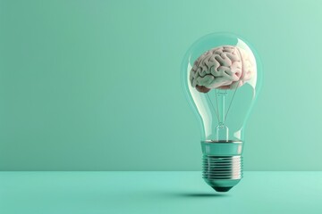 An elegant 3D render of a light bulb with a brain suspended in mid-air inside, on a pastel teal background, symbolizing floating ideas - obrazy, fototapety, plakaty