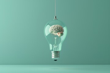 An elegant 3D render of a light bulb with a brain suspended in mid-air inside, on a pastel teal background, symbolizing floating ideas - obrazy, fototapety, plakaty