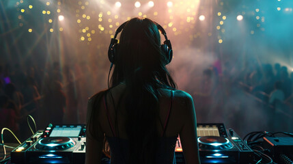 backview dj woman in party club