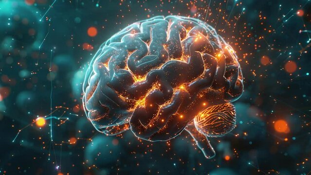 Human brain animation. Science showing the human brain against a background of burning lights.