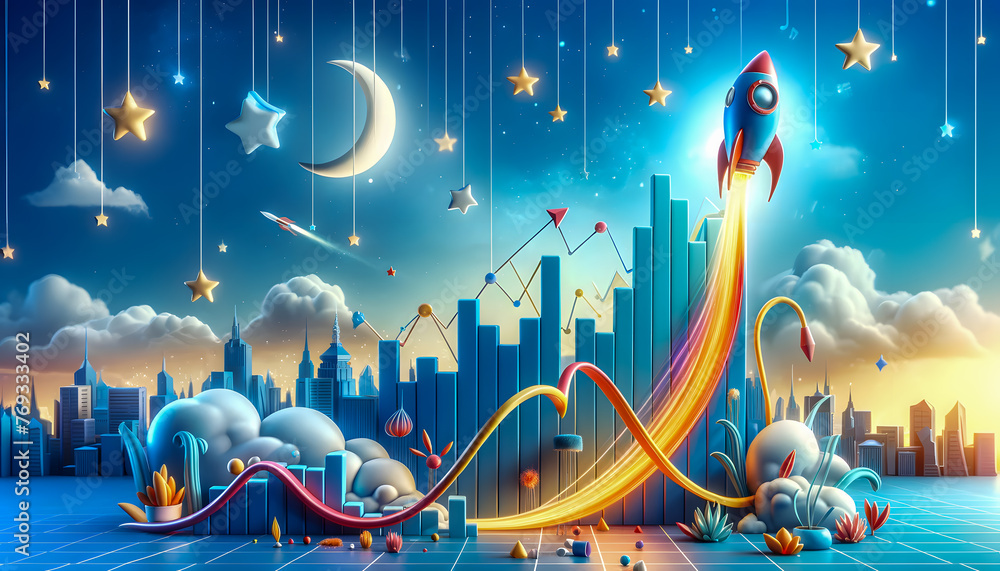 Poster incorporating a rocket soaring upwards, adding to the theme of aspiration and success.