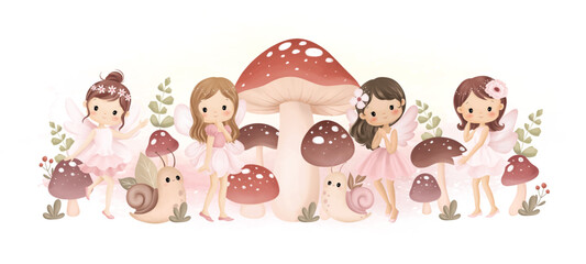 Watercolor Illustration Beautiful Fairy and Mushrooms at Garden with Snail and Leaves