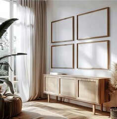 Mockup Frame Set in a Cozy Simple Living Room Interior Background. Presented in 3D Render. Made with Generative AI Technology