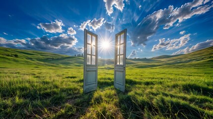 Two open doors in a field, with the sun shining through them. The scene is peaceful and serene, And a raft of clouds floating in the blue sky, with the open doors symbolizing a sense of freedom and po - obrazy, fototapety, plakaty