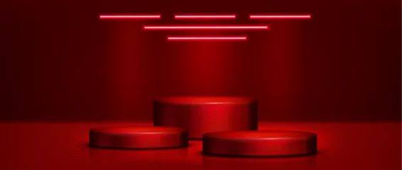 Tuinposter Red cylinder product podiums in studio room interior with floor and wall, and neon light led lamps on top. Realistic 3d vector illustration with empty goods display platforms and stage mockup. © klyaksun