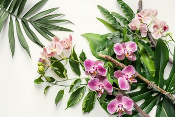 Floral arrangement with tropical leaves and orchids. Tropical flower decor on tree branch on white background.