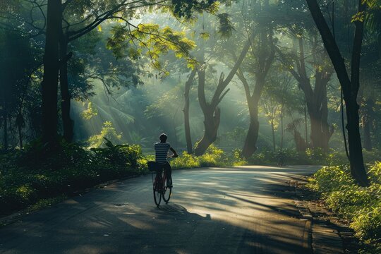 Back view of man cycling thro the forest in the morning.