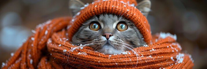 Fashionable Feline Models Casual Beanie Chunky,
Cute cat with blue eyes in a warm scarf and winter hat is freezing 
