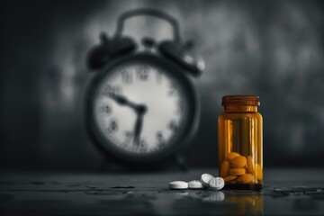 A medication bottle with pills and an out-of-focus clock in the background, symbolizing medication time