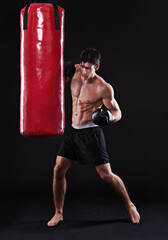 Man, gloves and boxing bag for fitness practice or cardio workout for health, fighter or black...