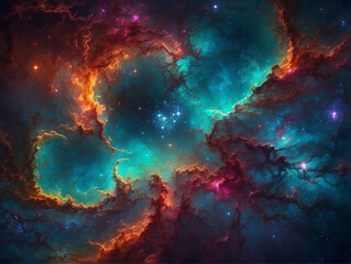 Fototapeta premium Cosmic inspired background, flaming corals, vibrant colors, ethereal atmosphere, star clusters, nebulae, galaxies, cosmic dust, space elements, radiant glow, astral patterns, art High definition digit