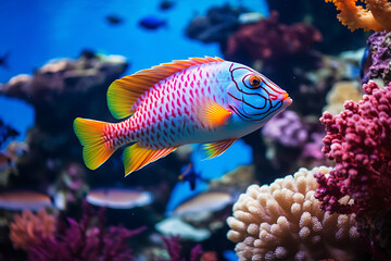 Naklejka na ściany i meble A strikingly patterned tropical fish swims near vibrant coral in the depths of a colorful underwater reef