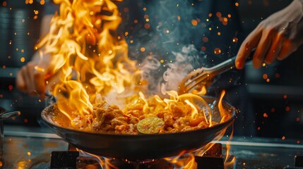 Professional chef hands cook food with fire in kitchen at restaurant
