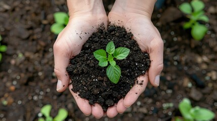 A close-up shot of a person's hands holding a handful of rich, dark soil, with a small seedling ready to be planted  - obrazy, fototapety, plakaty