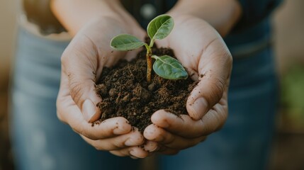 A close-up shot of a person's hands holding a handful of rich, dark soil, with a small seedling ready to be planted,  - obrazy, fototapety, plakaty