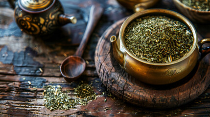 Traditional yerba mate tea on wooden table Yerba mate is poured into a cup on the table Preparing a mate by putting yerba in the mate. Argentine custom to drink mate at all times, Generative Ai