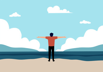 Woman stands with arms wide open against a wide beach and sky.