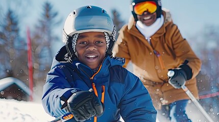 a cute 7yo african-american grandson and his 55yo grandma.Skiing down the slope in a Winter Olympics alpine skiing event, Professional competition sports wear.Fullbody shot, professional photography  - obrazy, fototapety, plakaty