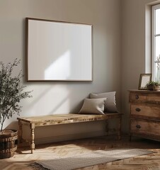 Mockup Frame Set in a Farmhouse Living Room Interior Background, Scandinavian Style. Presented in 3D Render. Made with Generative AI Technology