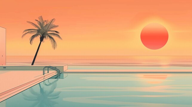 Poster minimalism retro beach poster with palm trees and with red sun design


