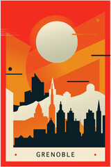 Grenoble city brutalism poster with abstract skyline, cityscape retro vector illustration. France Alpes region travel cover, brochure, flyer, leaflet, business presentation template image