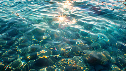 Fototapeta na wymiar Transparent sunlit water of Mediterranean Sea near Surf and rocks near Saint Stephen's Island, Montenegro. Aerial view of Tropical Beach and wave with white sand and blue se, Generative Ai