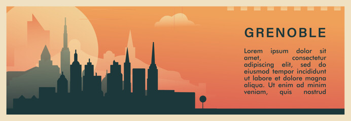 Obraz premium Grenoble city brutalism vector banner with skyline, cityscape. France town retro horizontal illustration, travel layout for web presentation, header, footer