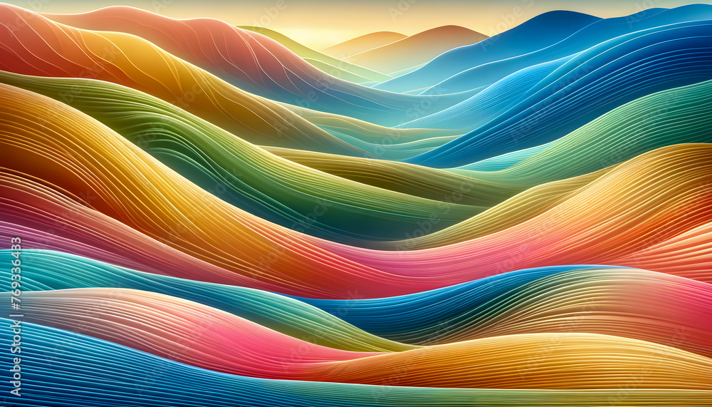 Poster an abstract colorful landscape with soft and smooth curves for the elevation lines.