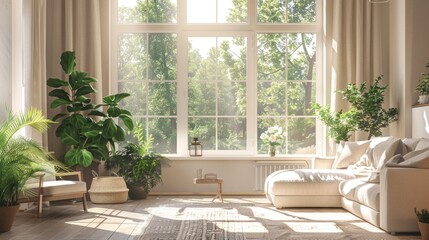 Sunny, plant-filled living room with a comfortable sofa and large windows that offer a view of a lush garden, creating a serene and inviting atmosphere.