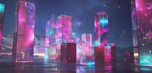 A dynamic podium composed of holographic panels, emitting vibrant hues against a starlit skyline. 