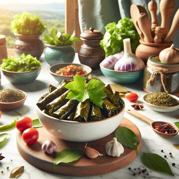 Fresh Sarmi Dish with Herbs on Marble Counter