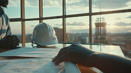 a hyper detailed, medium shot of a Kenyan man and woman's hands on a table with building plans placed on top of the table.  