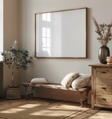 Mockup Frame Set in a Farmhouse Living Room Interior Background, Scandinavian Style. Presented in 3D Render. Made with Generative AI Technology