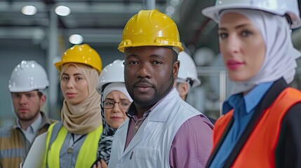 a meeting of diverse safety workers a black man, also including a woman with a hijab, Caucasian people, 