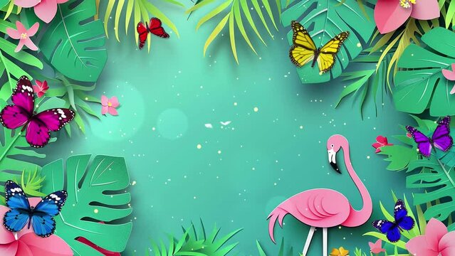paper cut flamingo and tropical leaves for summer sale banner on green background. seamless looping overlay 4k virtual video animation background