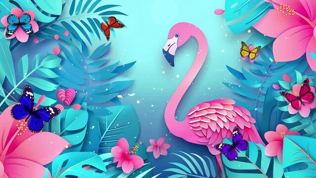 summer sale banner with pink paper cut flamingo on blue background. seamless looping overlay 4k virtual video animation background