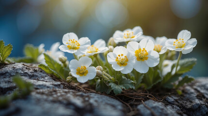Spring forest white flowers primroses on a beautiful blue background macro. Blurred gentle sky-blue background. Floral nature background, free space for text. Romantic soft gentle artistic image. - obrazy, fototapety, plakaty