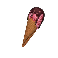 a chocolate ice cream cone with pink and red toppings