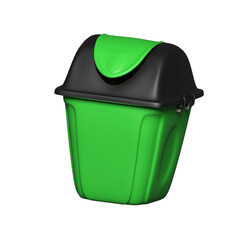 a green and black trash can with a lid