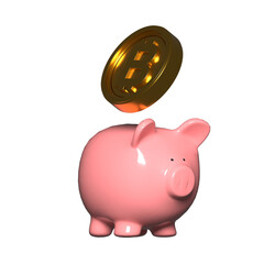 a pink piggy bank with a bit coin coming out of it