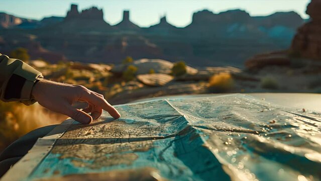 Pushing towards a finger pointing towards a spot on a map on the hood of a truck in Utah Canyonlands